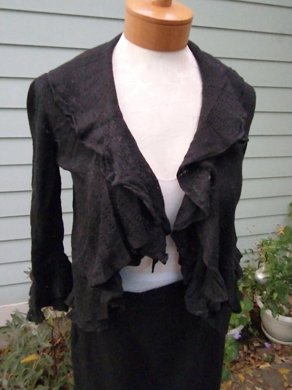 Cardigan: Linen, black, ruffled. Size small - by Ralph Lauren